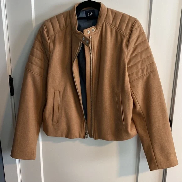 Sold eb GAP Brown Camel Quilted Sleeve Wool Blend Zip Moto Jacket - Picture 3 of 13